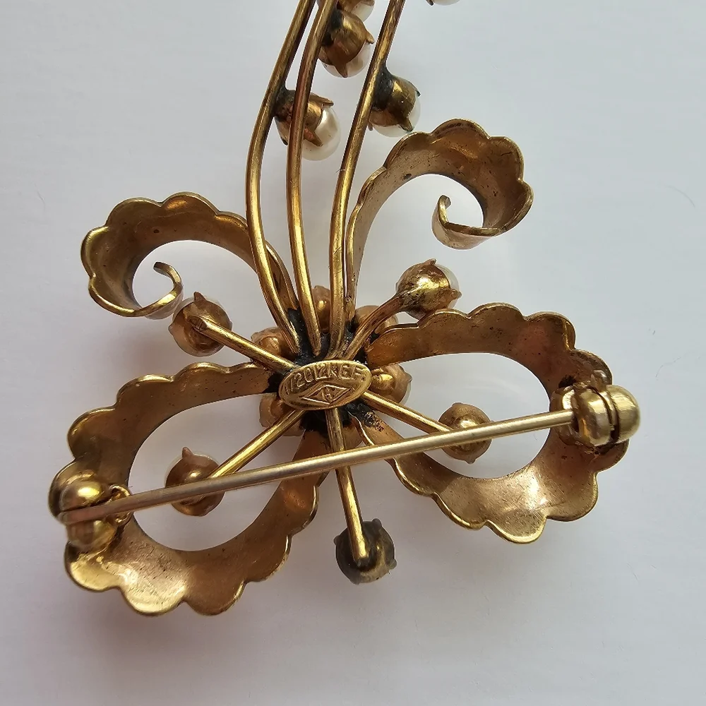 Vintage Signed FB Foster & Bailey 1/20 12K Gold Filled Pearl Bow Brooch MCM